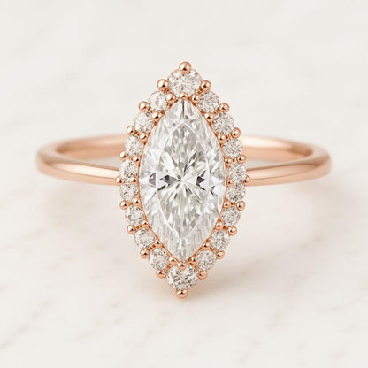 Marquise Cut Halo Moissanite Engagement Ring 14k Solid Gold Cluster Round Stone Promise Ring Sunburst Halo Flower Rings For Her Marquise Moissanite Engagement Ring