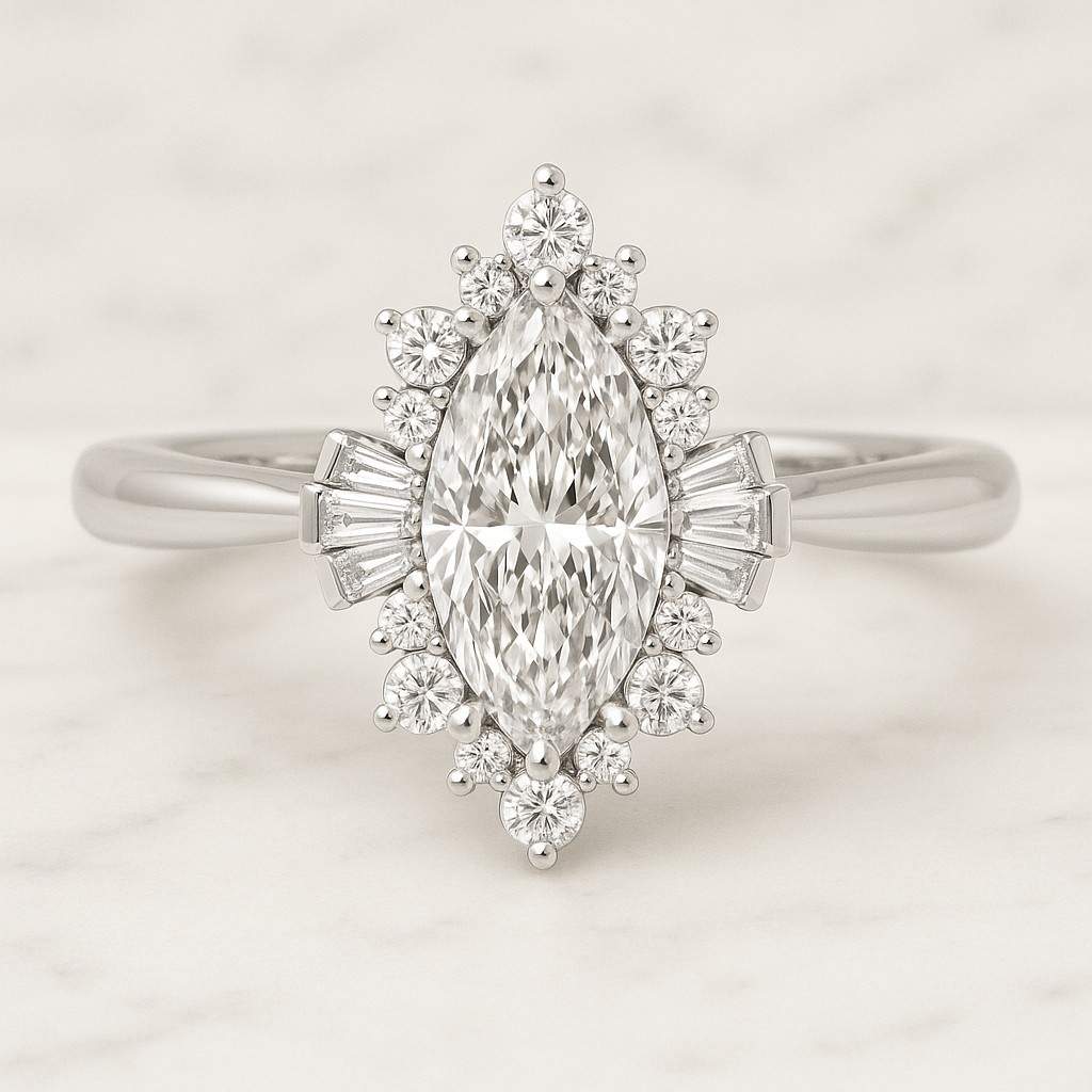 Marquise Cut Lab Diamond Engagement Ring  Hidden Halo Engagement Ring  Solid Gold Ring