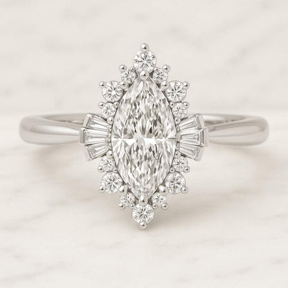 Marquise Cut Lab Diamond Engagement Ring  Hidden Halo Engagement Ring  Solid Gold Ring