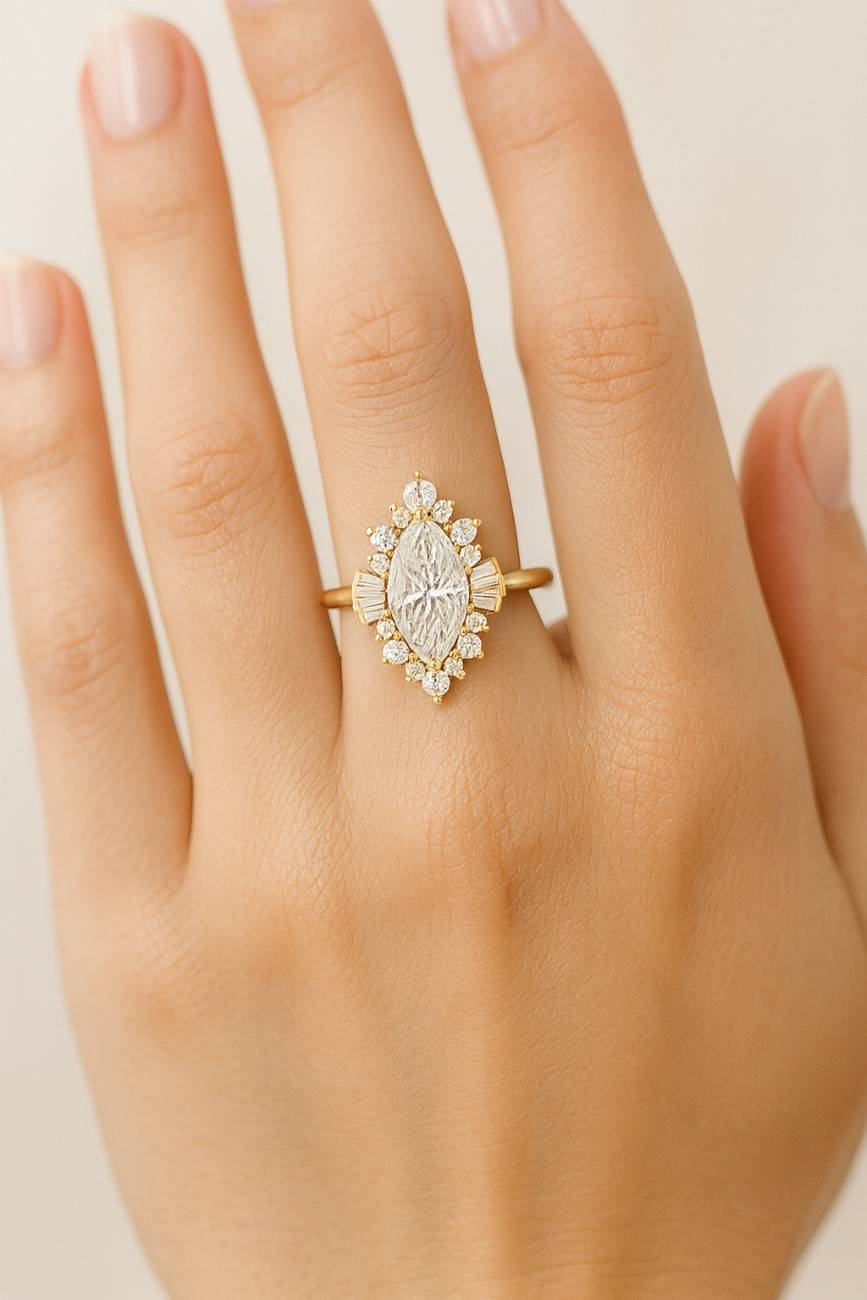 Marquise Cut Lab Diamond Solitaire Halo Engagement Ring, Lab Grown Diamond Wedding Ring