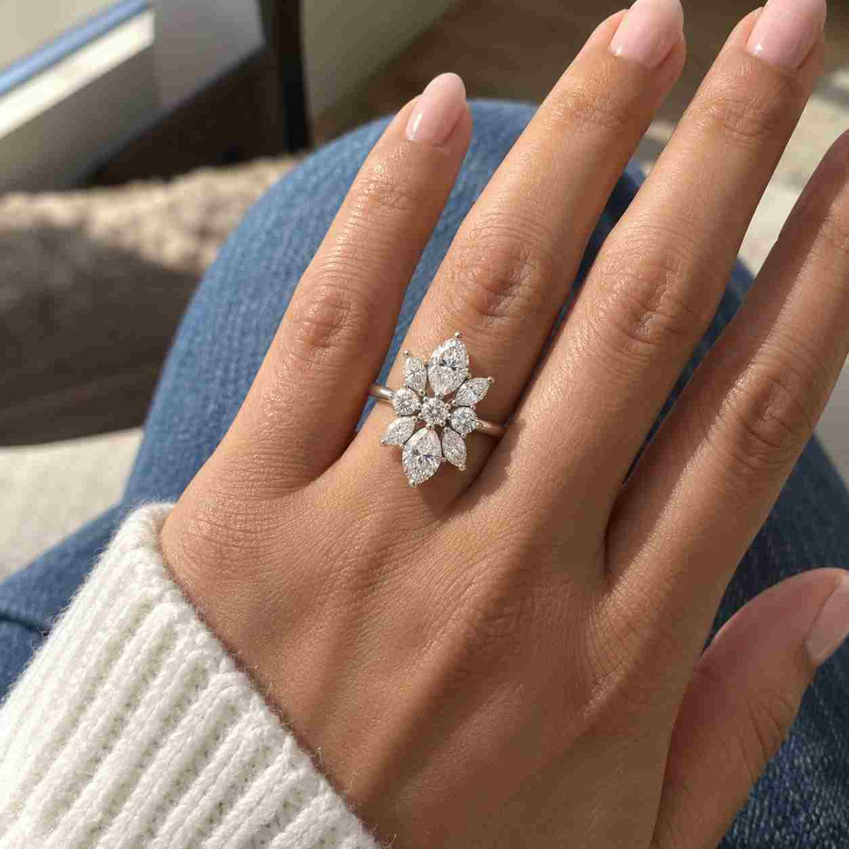 marquise cut lab grown diamond cluster engagement ring in 14k yellow gold, igi certified modern statement