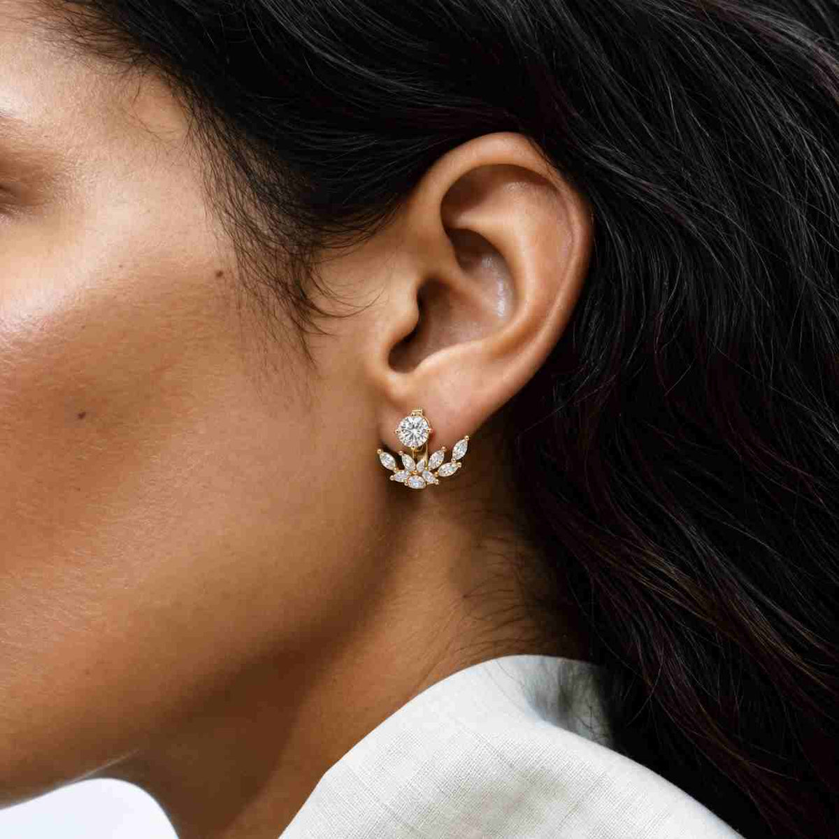 marquise cut lab grown diamond ear jacket, lotus ear jackets, 14k gold front back earrings, bezel set studs wedding anniversary gift for her
