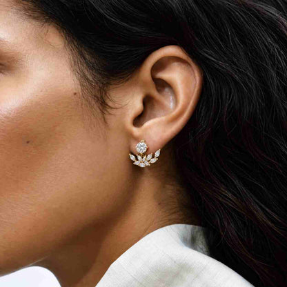 Marquise Cut Lab Grown Diamond Ear Jacket, Lotus Ear Jackets, 14K Gold Front Back Earrings, Bezel Set Studs Wedding Anniversary Gift For Her

