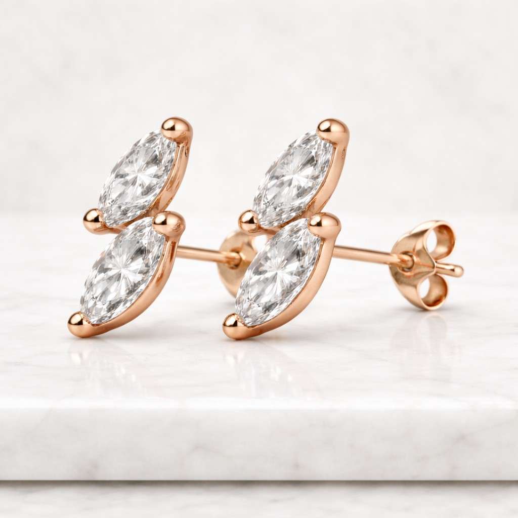 marquise cut lab grown diamond earrings, two stones stud earrings, 14k white gold earrings, dainty diamond earrings, minimalist stud
