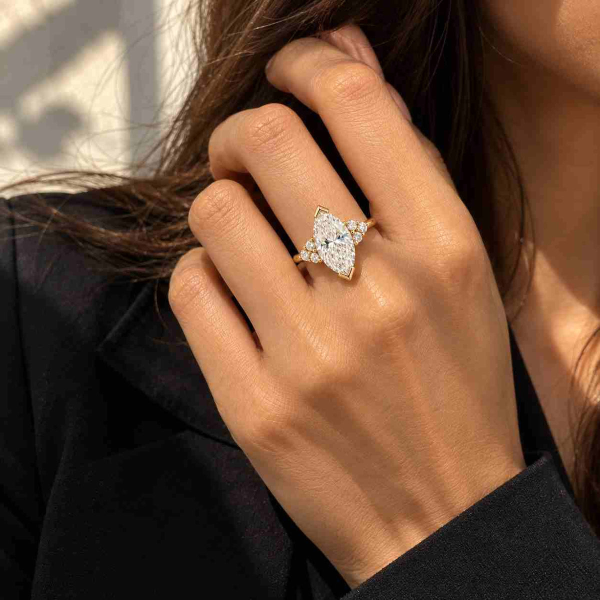 marquise cut lab grown diamond engagement ring | igi certified | solitaire & hidden halo | 14k solid gold