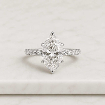 Marquise Cut Lab Grown Diamond Engagement Ring, Pave Band Solitaire, 14K Yellow Gold, Anniversary Gift for Her, IGI Certified
