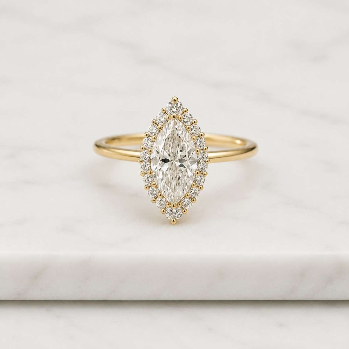 marquise cut lab grown diamond halo engagement ring,