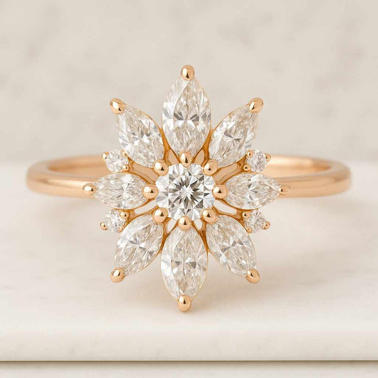 Marquise Cut Lab Grown Diamond Ring Charming Burst Cluster Halo Ring Engagement Ring