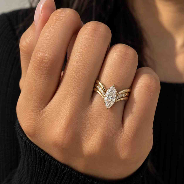 Marquise Cut Lab Grown Diamond Ring Set | Hidden Halo Engagement Ring | Marquise Accent Wedding Band Set | Oval Diamond Bridal Ring Set
