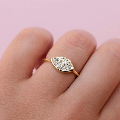 Marquise Cut Lab Grown Diamond Solitaire Ring Bezel Set Diamond Ring Eco Friendly Diamond Bridal Ring 14K Solid Gold Wedding Ring For Her