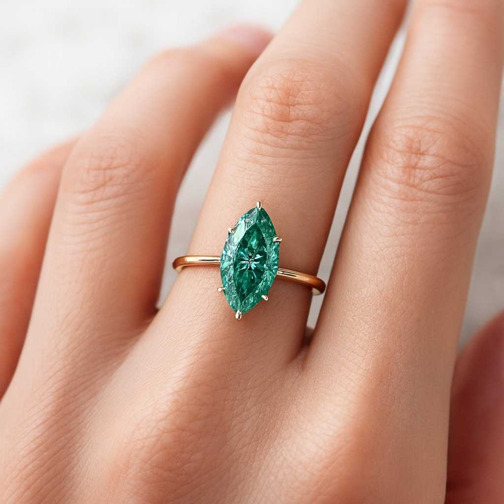 Marquise Cut Moissanite Diamond Ring Side Accents Round Diamond Six Prong Set Green Diamond Ring Minimalist Ring Yellow Gold