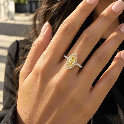 Marquise Cut with Hidden Halo Lab Grown Diamond Engagement Ring & Side Pave Diamonds | IGI Certified | Gift for her