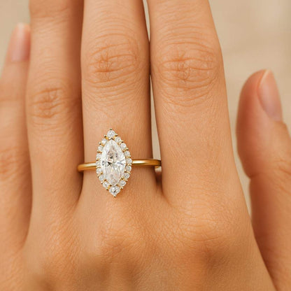 Marquise Diamond Engagement Ring Genuine Lab Grown Diamond Anniversary Ring Unique Proposal Ring for Her Six Claw Prong Setting Ring Gifts Round Accent Ring