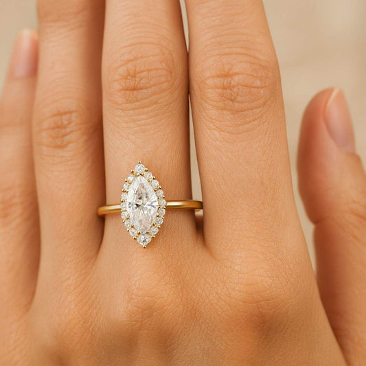 Marquise Diamond Engagement Ring Genuine Lab Grown Diamond Anniversary Ring Unique Proposal Ring for Her Six Claw Prong Setting Ring Gifts Round Accent Ring