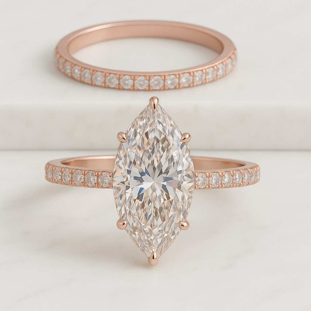 Marquise Diamond Engagement Ring Set Genuine Lab Grown Diamond Rings Curved Matching Band