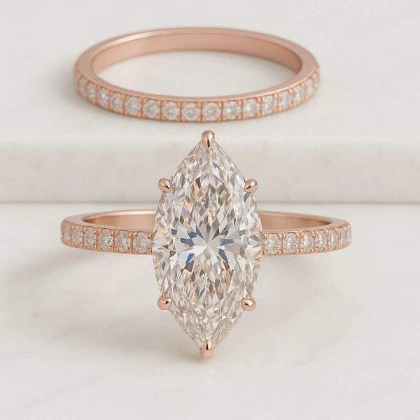 Marquise Diamond Engagement Ring Set Genuine Lab Grown Diamond Rings Curved Matching Band