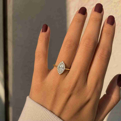 Marquise Diamond Halo Engagement Ring in Pave Setting, Lab Grown Diamond Wedding Ring