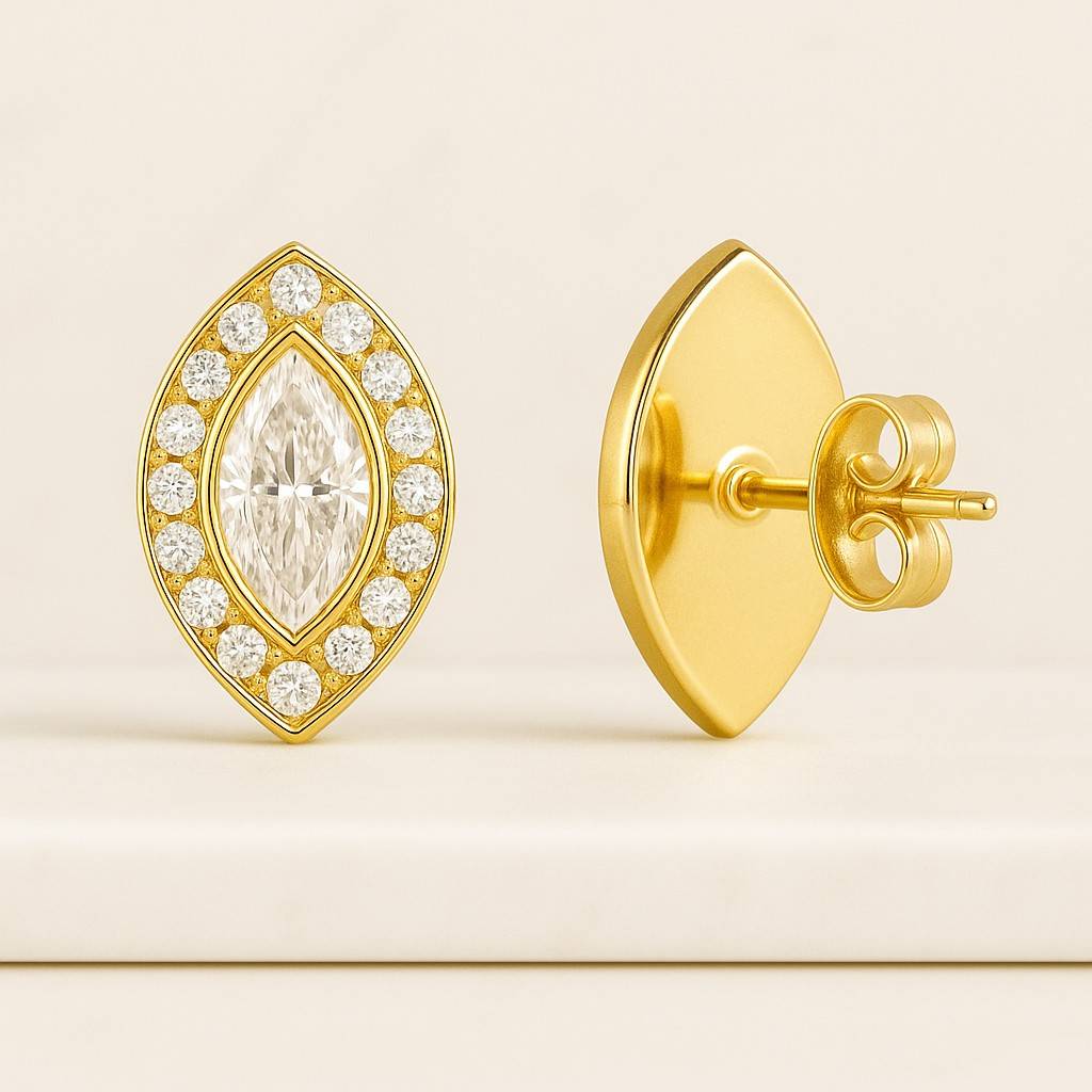 Marquise Diamond Halo Stud Earrings 14K Gold IGI Certified Lab Grown Diamond Eco Friendly Diamond Screw Back Earrings