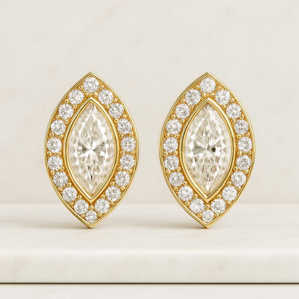 Marquise Diamond Halo Stud Earrings 14K Gold, IGI Certified Lab Grown Diamond Lab Grown Diamond Floral Stud Earrings Marquise & Round Cut, Gold or Silver