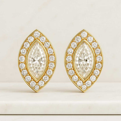 Marquise Diamond Halo Stud Earrings 14K Gold, IGI Certified Lab Grown Diamond Lab Grown Diamond Floral Stud Earrings Marquise & Round Cut, Gold or Silver