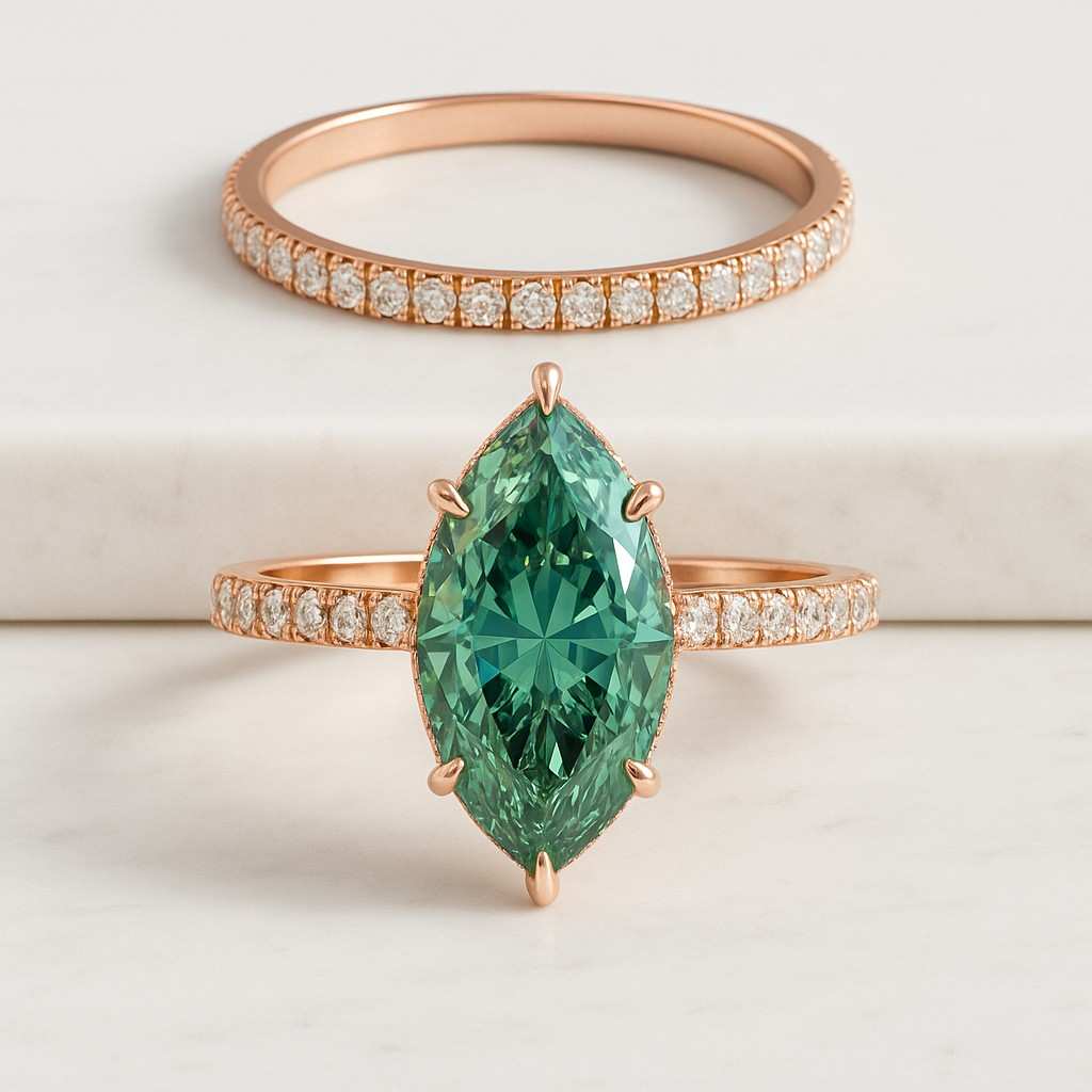 Marquise Emerald Gemstone Cluster Set Ring Marquise Cut Lab Grown Diamond Halo Ring