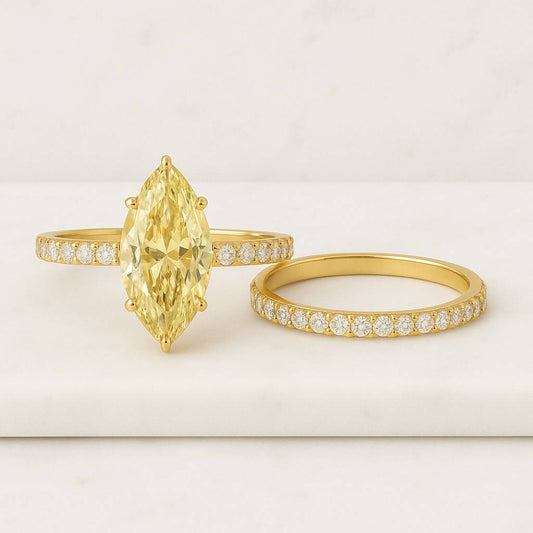 Marquise Fancy Yellow Lab Gown Diamond Engagement Ring Vintage Cathedral IGI Certified