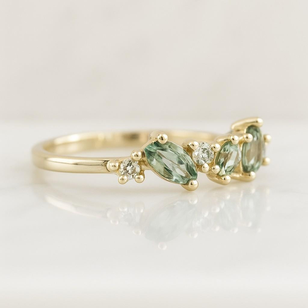 Marquise Green Sapphire Curved Wedding Band Delicate Rose Gold Nature Inspired Stacking Matching Band