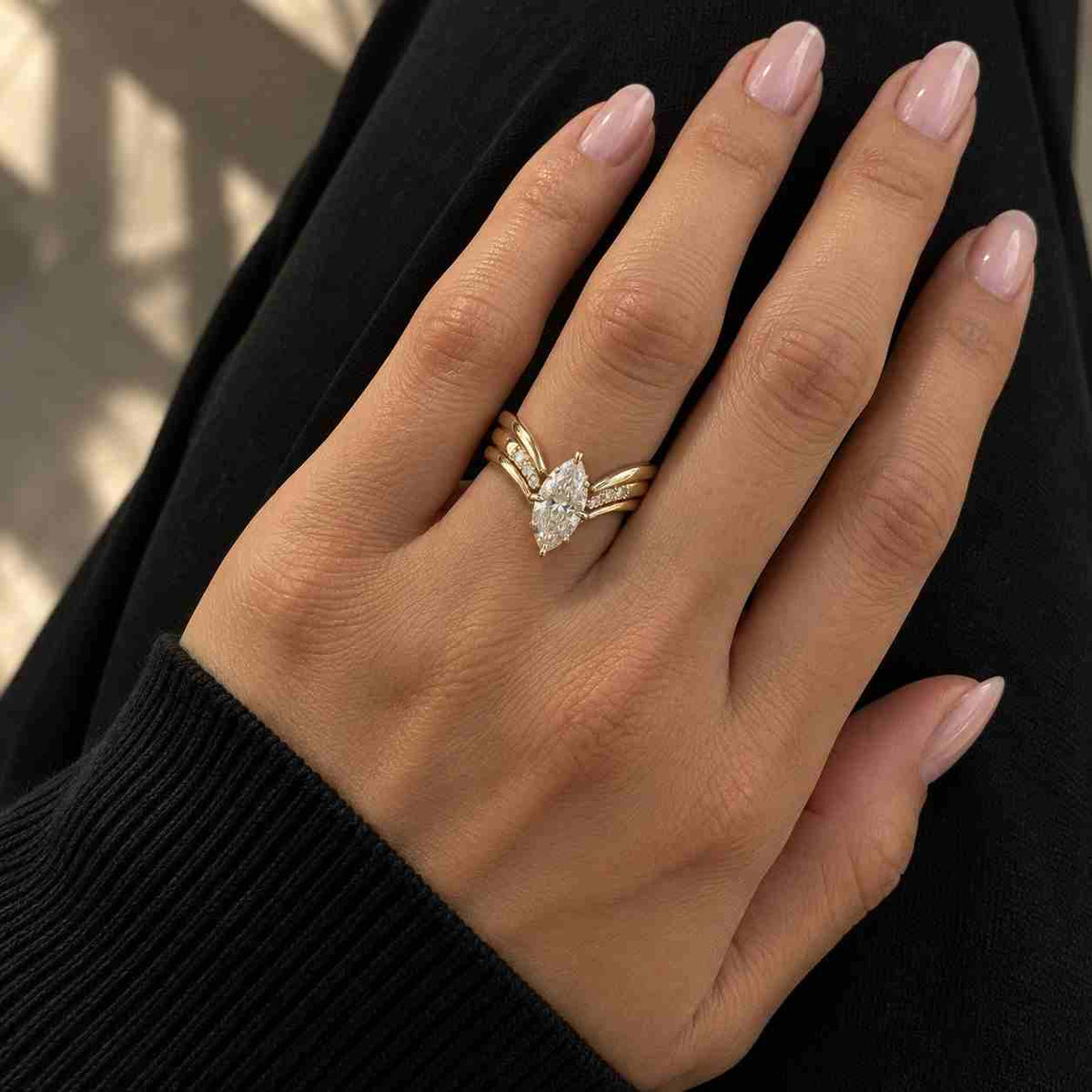 Marquise Lab-Grown Diamond Engagement Ring Set, Yellow Gold, IGI Certified (2.5ct), Unique Yellow gold Lab Diamond Curved Wedding Bridal set