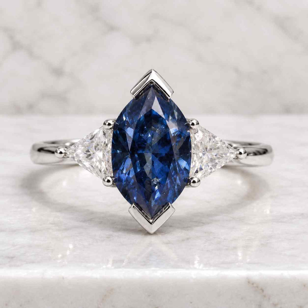 marquise lab diamond engagement ring, blue sapphire accent, proposal ring
