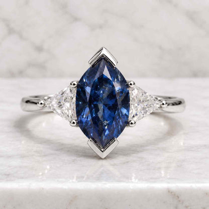 Marquise Lab Diamond Engagement Ring, Blue Sapphire Accent, Proposal Ring
