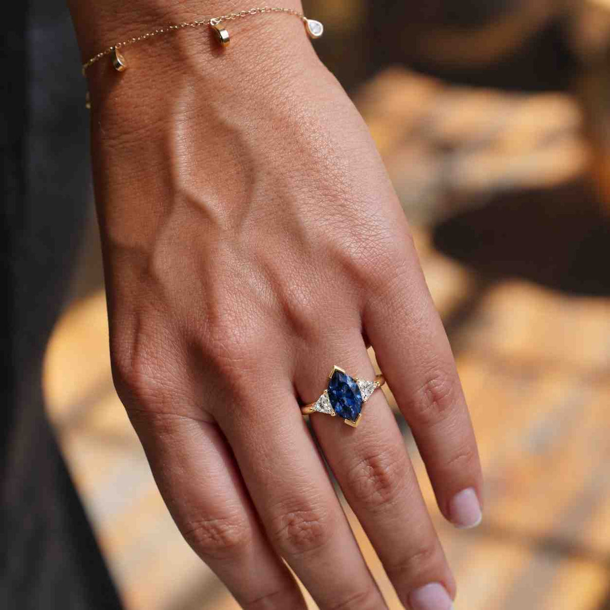 Dutch Marquise Lab Grown Blue Sapphire Ring, Trapezoid Side Stone 925 Silver Bridal Ring
