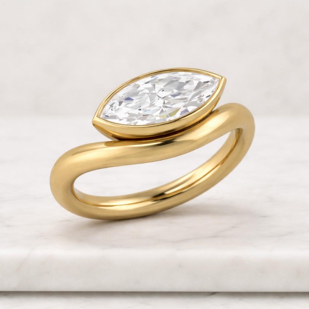 1.50 ct marquise lab grown diamond engagement ring, 14k gold curved band
