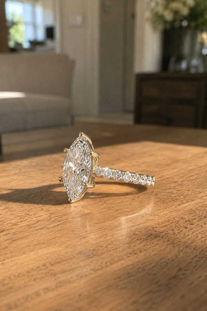 Marquise Lab Grown Diamond Ring, 14K Gold Solitaire Pavé Engagement Ring, Bridal Gift