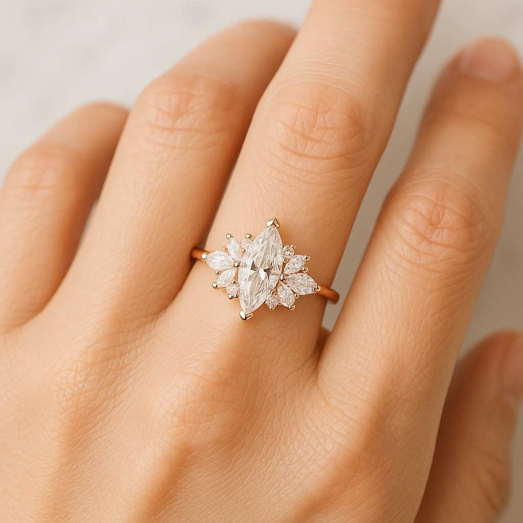 Marquise Lab Grown Diamond Ring 14K Gold Starburst Halo Cocktail Ring Marquise Moissanite Cluster Halo Ring Vintage Style Engagement Jewelry