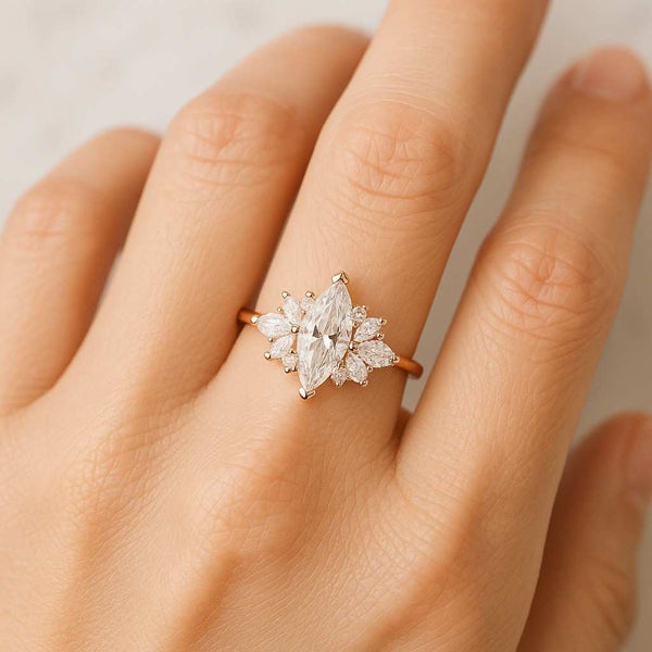 Marquise Lab Grown Diamond Ring 14K Gold Starburst Halo Cocktail Ring Marquise Moissanite Cluster Halo Ring Vintage Style Engagement Jewelry