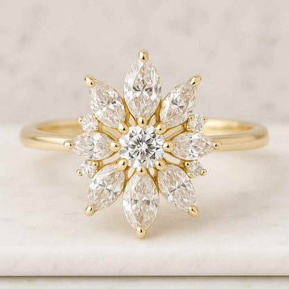 Marquise Lab Grown Diamond Ring 14K Gold Starburst Halo Cocktail Ring Vintage Marquise Cut Cluster Anniversary Gift Ring