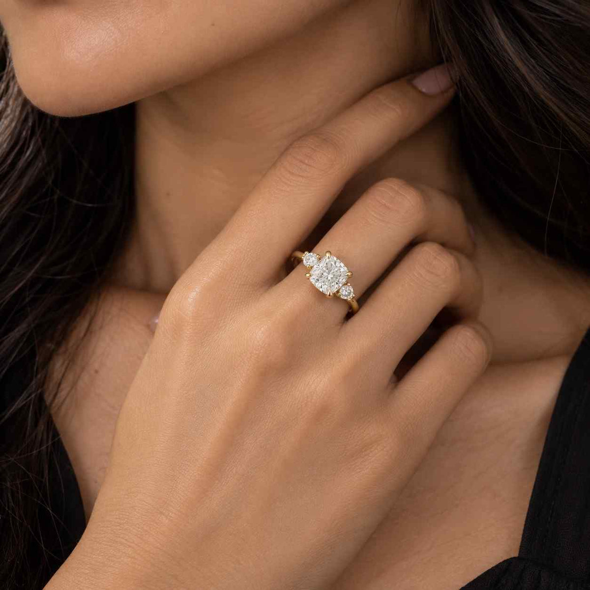 Marquise Lab Grown Diamond Three Stone Ring, Side Round Engagement Ring, 14K Gold

