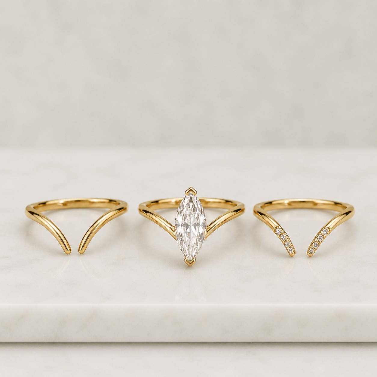 Marquise Lab grown diamond Engagement ring set Yellow Gold Cluster V prong Statement Bridal set Filigree Matching Promise ring set
