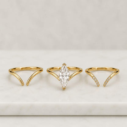 Marquise Lab grown diamond Engagement ring set Yellow Gold Cluster V prong Statement Bridal set Filigree Matching Promise ring set
