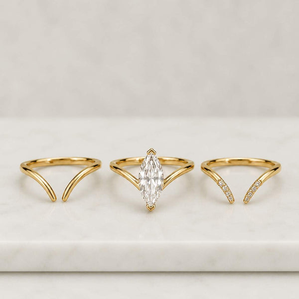 Marquise Lab grown diamond Engagement ring set Yellow Gold Cluster V prong Statement Bridal set Filigree Matching Promise ring set

