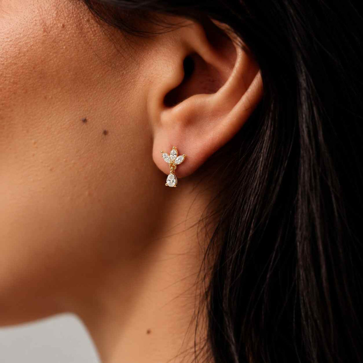 Marquise & Pear Lab Grown Floral Diamond Stud Earrings, 18k Yellow Gold Wedding Earrings
