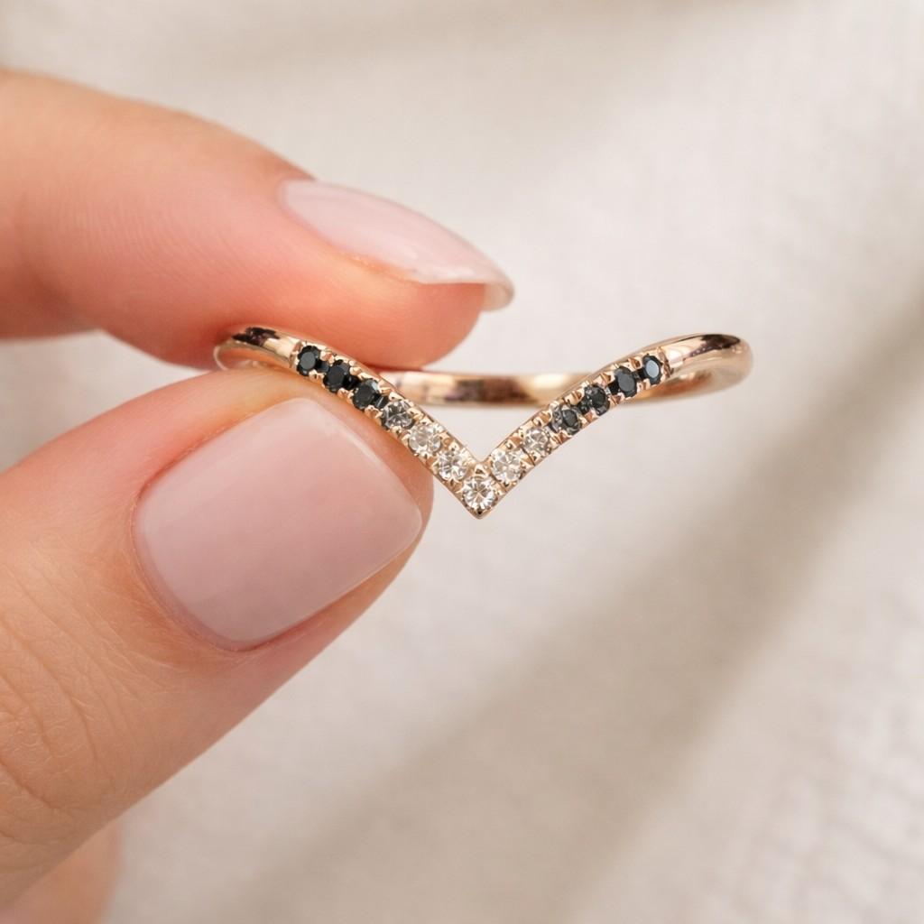 Black gold curve moissanite band art deco dainty women ring anniversary band

