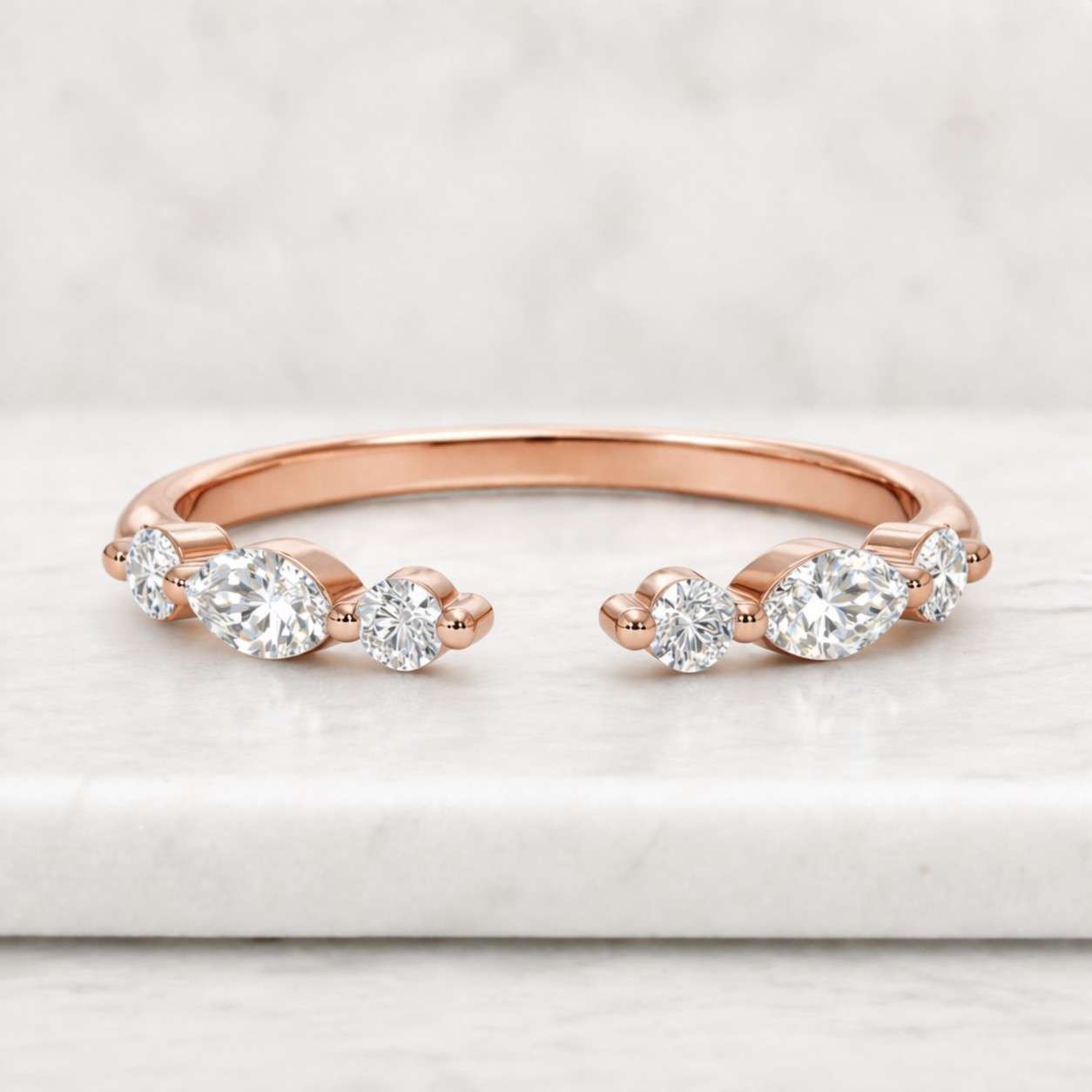 marquise round moissanite wedding band, open moissanite ring, dainty open gap wedding band, half eternity band, custom stacking band
