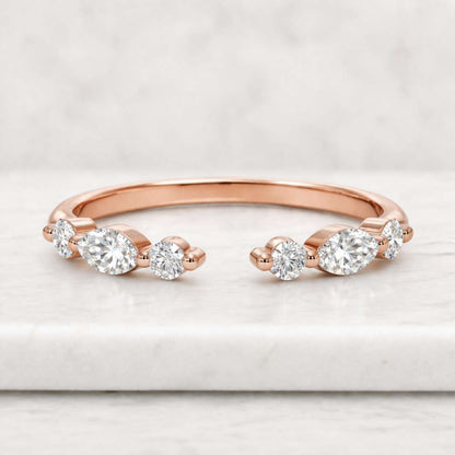 Marquise Round Moissanite Wedding Band, Open Moissanite Ring, Dainty Open Gap Wedding Band, Half Eternity Band, Custom Stacking Band
