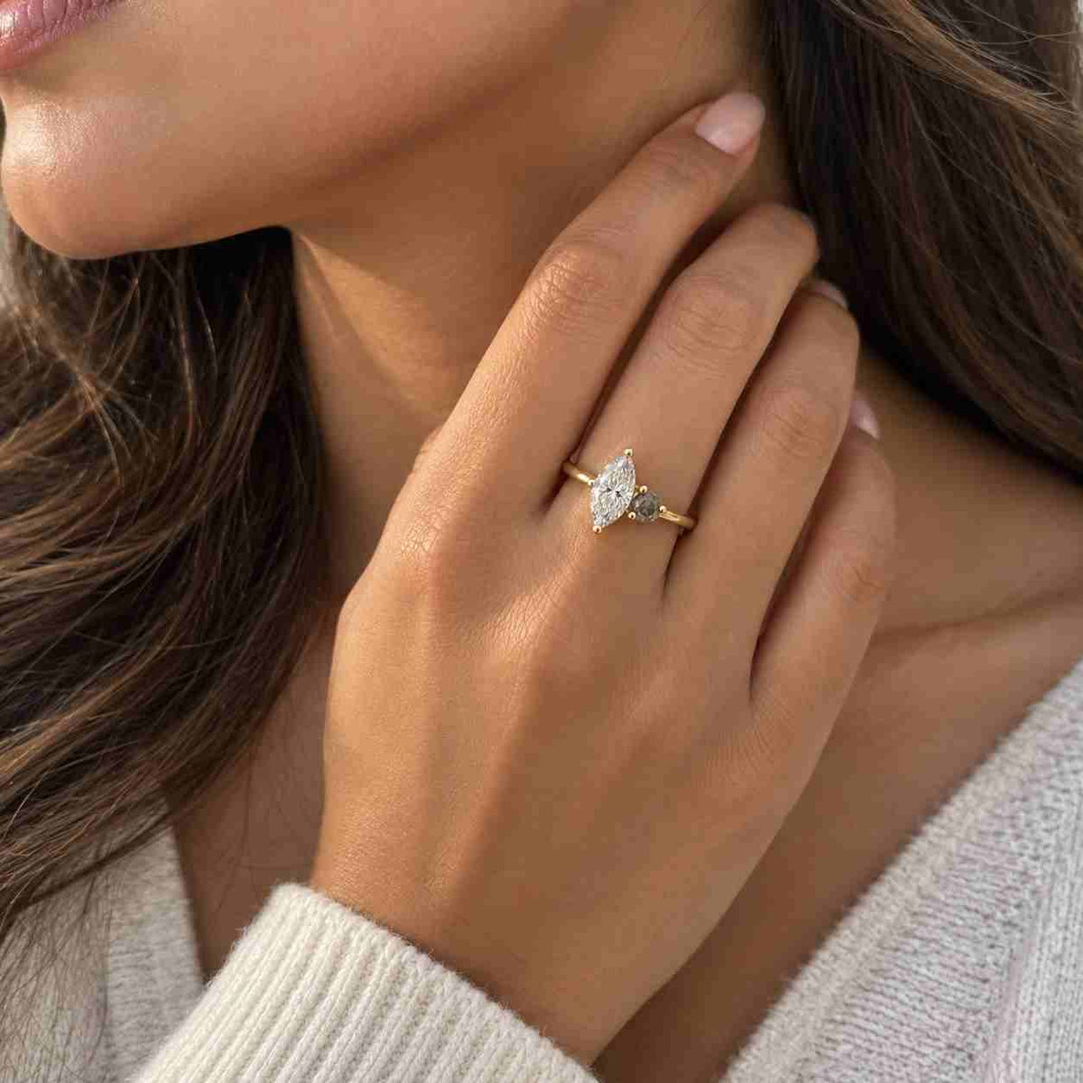 Marquise Salt and Pepper Diamond Wedding Ring Antique Style Art Deco Moissanite Ring 18k Gold Marquise Cut Ring Simple Wedding Ring Bride