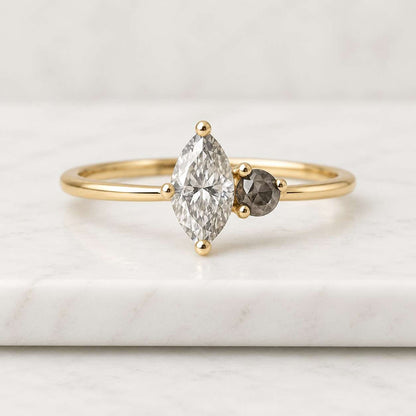 Marquise Salt and Pepper Diamond Wedding Ring  Salt And Pepper Diamond Ring  18k Solid Gold Marquise Cut East West Ring Halloween Jewelry