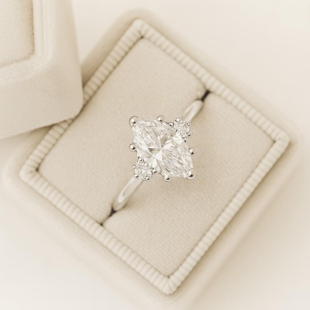 marquise and round cut lab grown diamond ring three stone weeding ring for her