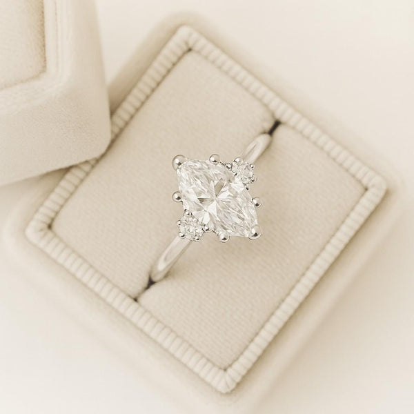 Marquise and Round Cut Lab Grown Diamond Ring Three Stone Weeding Ring For Her