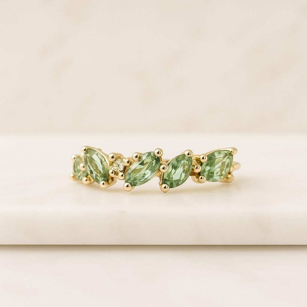 Marquise cut Green Sapphire Engagement ring set Vintage Rose Gold Open Cluster Ring