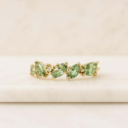 Marquise cut Green Sapphire Engagement ring set Vintage Rose Gold Open Cluster Ring
